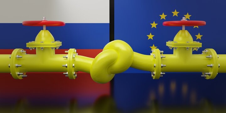 Gas conflict between Russia and EU. Fuel pipeline with a knot. 3d render