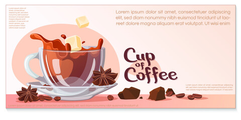 Coffee cup with inscription "Cup of coffee", and beans of coffee, star anise and chocolate around. Banner for Coffee shop, barista, drink concept. Vector illustration for poster, flyer, menu, landing.