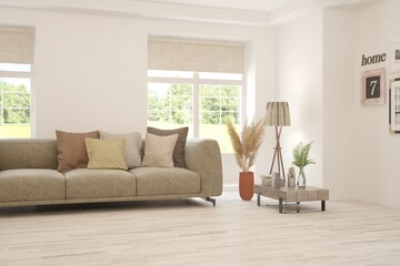 White living room with sofa and summer landscape in window. Scandinavian interior design. 3D illustration