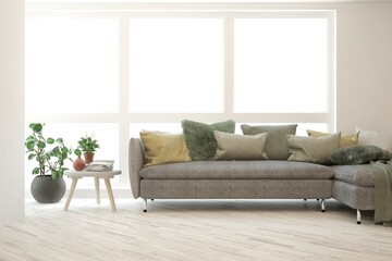 White living room with sofa. Scandinavian interior design. 3D illustration