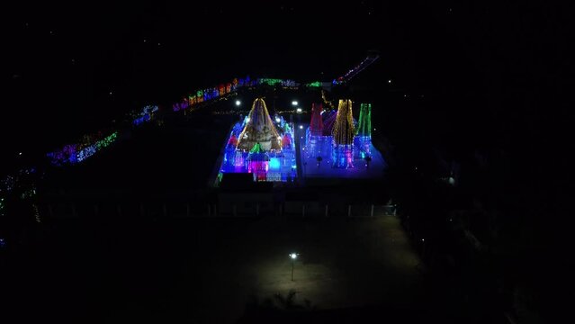 Tirupati, Sri Brahmrishi Ashram, India 4th March 2022: A drone shot of a beautiful Indian Hindu temple. Devi Devta. Indian Gods. Laxmi Narayan and Jain temple side by side. 