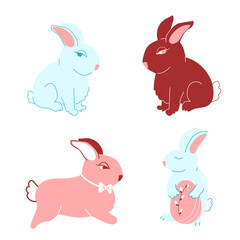 A group of cute Easter bunnies. Chocolate bunny, rabbit with Easter egg. Vector illustration in hand-drawn style on a white background for decor, postcards