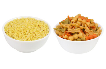 Pasta on an isolated white background. Set of two types of macrons in white bowls