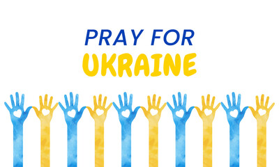 Pray for Ukraine concept illustration with national flag, hand. Pray for Ukraine flag concept background, group hands of people with the colors of the Ukraine flag.