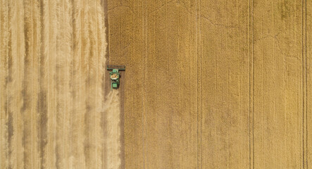 Aerial view combine harvester harvesting on the field