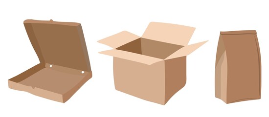 Set of paper packages. Box, pizza packaging, paper bag. Vector illustration