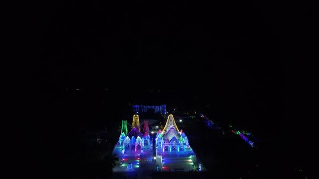 Tirupati, Sri Brahmrishi Ashram, India 4th March 2022: A drone shot of a beautiful Indian Hindu temple. Devi Devta. Indian Gods. Laxmi Narayan and Jain temple side by side. 
