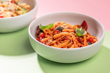 Delectable Pasta on Colorful Platters