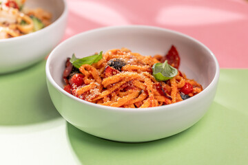 Delectable Pasta on Colorful Platters