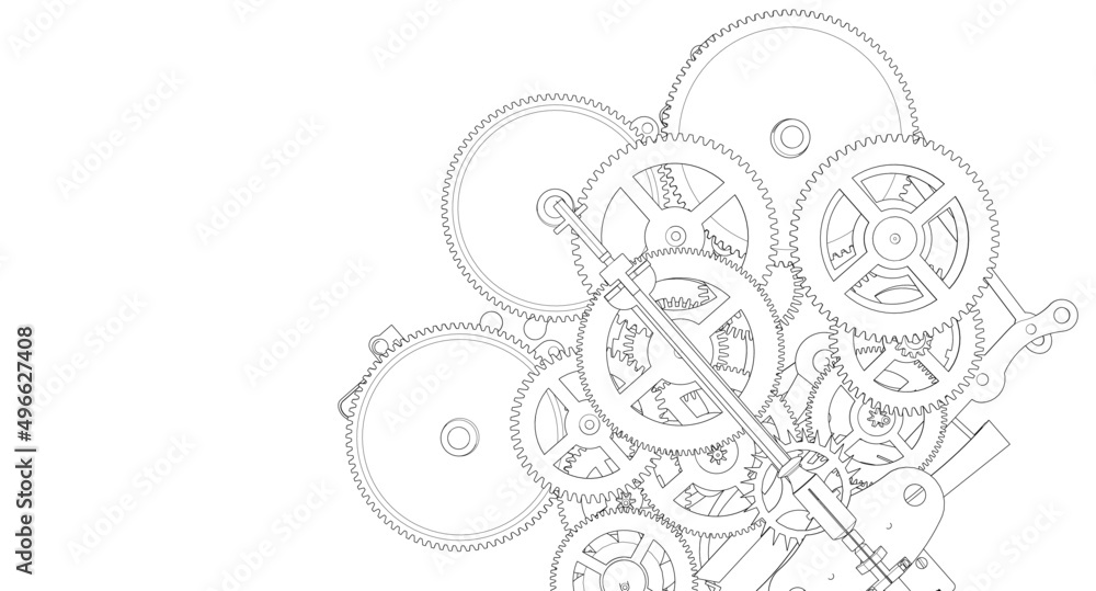 Wall mural clock mechanism scheme 3d rendering