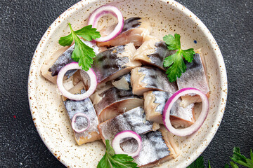 mackerel fish slice seafood in bowl fresh meal food snack on the table copy space food background...