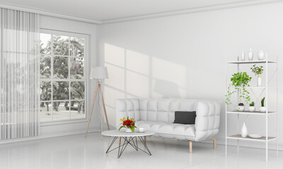 Living room interior in modern style, 3d render with sofa and decorations.