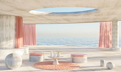 Interior living room with sky and sea view. 3D render