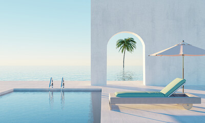 Beach lounge, Sunbathing deck and private swimming pool with sea view at luxury villa. 3d rendering