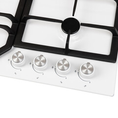 white hob on a white background. gas stove with burners. hob control panel. Appliances