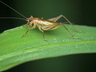 Bush cricket with golden color on the grass