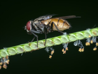 house fly perched on the pistil of the grass