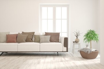 White living room with sofa. Scandinavian interior design. 3D illustration