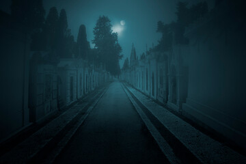 Foggy cemetery at night