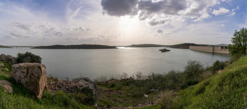 panorama view of the Alange Dam and reservoir