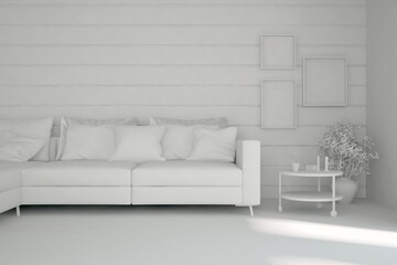 White minimalist living room with sofa. Scandinavian interior design. 3D illustration