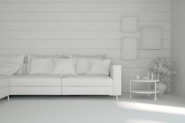 White minimalist living room with sofa. Scandinavian interior design. 3D illustration