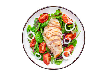 chicken breast salad Easter salad vegetable tomato, onion, green mix leaves lettuce keto or paleo diet fresh meal food snack on the table copy space food background 
