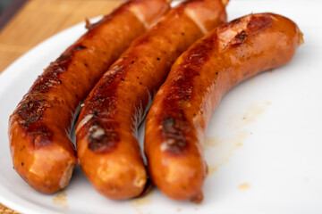 Burned Juicy sausage barbecue Sizzle on with Salt and Black Peppers on White Plate for Lunch BBQ Grilled for Picnic