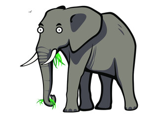 Cute cartoon elephant chewing fresh grass