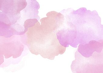 Watercolor pink, purple and beige clouds. Watercolor abstract Blots illustration on white background. Colorful gradient Blobs, mottled blurred watercolor splashes