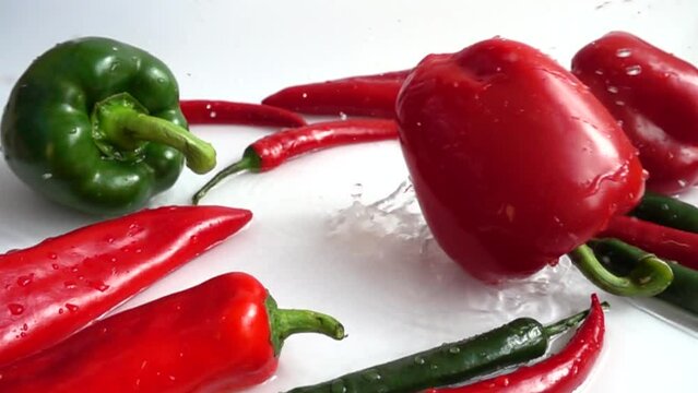 Juicy fresh pepper. Slow motion.