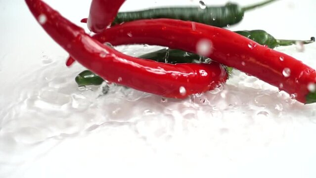 Fresh chili pepper. Slow motion.