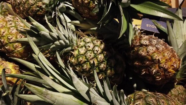 Pineapples in shop. Shooting with conducting.