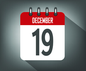 Icon day 19 december, red calendar template with gray background