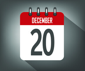 Icon day 20 december, red calendar template with gray background