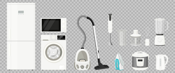 A set of household appliances: microwave oven, washing machine, refrigerator, vacuum cleaner, multi cooker, food processor, blender, iron. Realistic 3D vector, isolated illustration