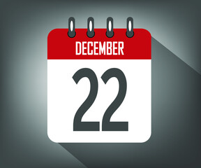Icon day 22 december, red calendar template with gray background