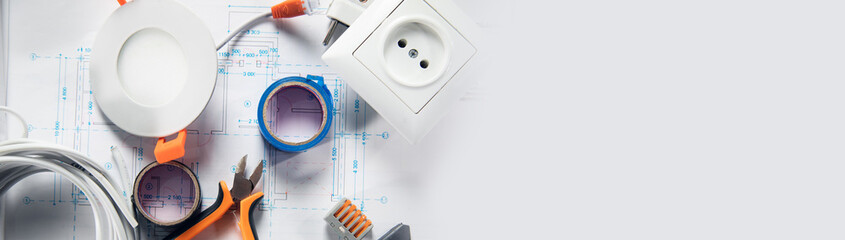 Concept of electrician or electrical tools - obrazy, fototapety, plakaty