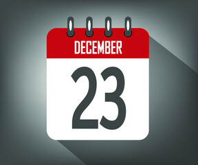 Icon day 23 december, red calendar template with gray background