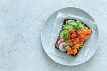 toast with rye bread, salmon, avocado, cucumber and radish. Smorrebrod