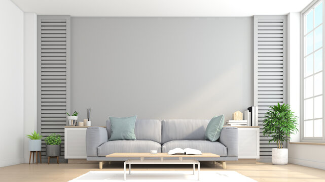 Minimalist living room interior with sofa and green plants, sideboard on gray wall background.3d rendering