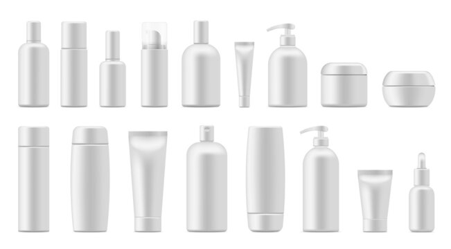 Cosmetic bottles. Plastic container for cream shamoo lotion. Vector beauty care realistic tubes