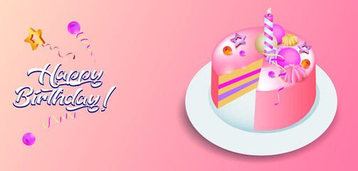 Happy Birthday. Cake with a candle on a pink background