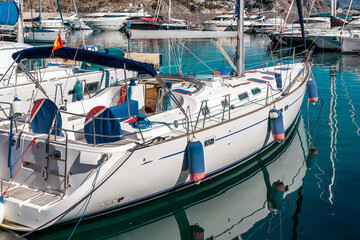 Bay area situated in la provincial de Granada. Beautiful harbour with luxury yachts docked in a small bay. All the dock area surrounded by restaurants