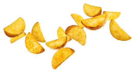 Flying potato wedges, isolated on white