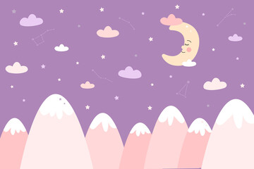 Mountains, stars and moon are drawn doodles in scandinavian style. Children's wallpaper. Mountainscape hand draw, children's room design, wall decor. Vector illustration