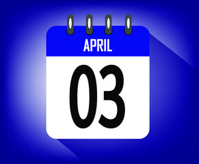 Icon day 3 april, azul calendar template. vector illustration