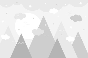 Mountains, stars and moon are drawn doodles in scandinavian style. Children's wallpaper. Mountainscape hand draw, children's room design, wall decor. Vector illustration © Mira Asami