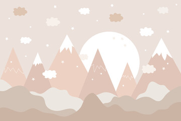 Fototapeta na wymiar Mountains, night and stars are drawn doodles in scandinavian style. children's wallpaper. Mountainscape, children's room design, wall decor. Vector illustration