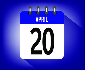 Icon day 20 april, azul calendar template. vector illustration
